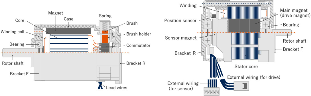 Brushed DC motor (left) and brushless DC motor (BLDC inner-rotor type: right)