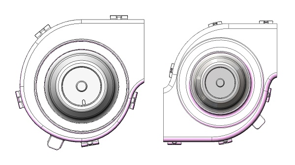 Front picture of a single outlet (left) and dual outlet (right) blower motor